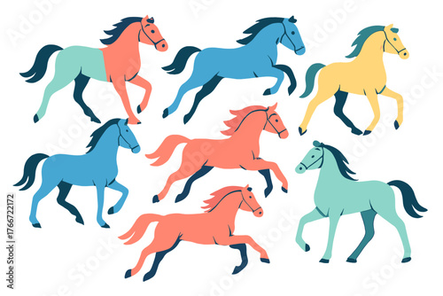Seamless pattern featuring a dynamic group of stylized horses running and trotting in vibrant colors and modern flat design style