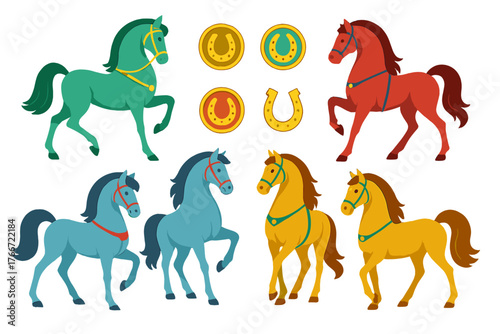 Colorful set of cartoon horses in different poses and bright colors with golden horseshoe icons
