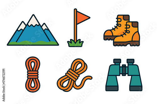 Set of outdoor adventure equipment including hiking boots, climbing rope, binoculars, and mountain symbols