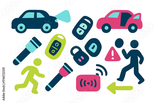 Brightly colored symbols for automotive security, personal safety, and emergency situations