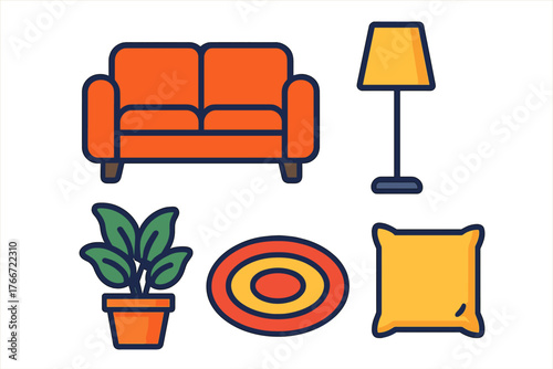 Colorful living room furniture and home decor elements set featuring sofa, lamp, plant, rug, and pillow