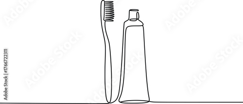 Toothbrush and Toothpaste Line Art, Minimalist Dental Hygiene Vector Illustration.