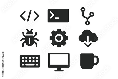 Collection of essential glyphs for software development, IT, and digital interface design