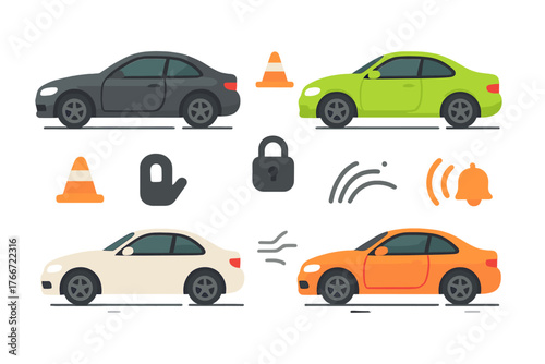 Set of colorful modern coupe cars and essential driving safety icons including traffic cones, padlock, and alarm symbols