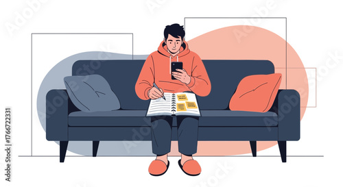 A man using phone and taking notes while sitting on couch, vector illustration