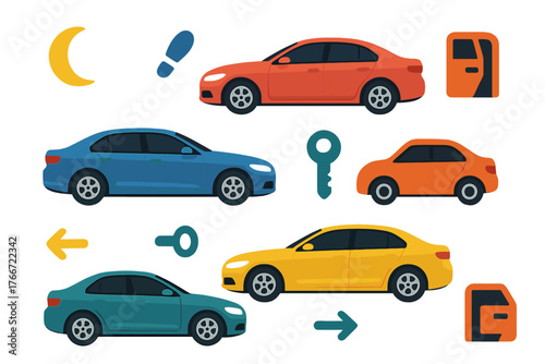 Set of colorful sedan and compact car icons featuring various transportation symbols and elements