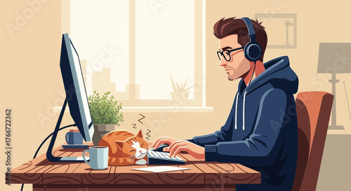 A man working on his computer with a cat sleeping nearby while listening to music