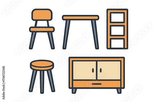 Set of basic home furniture icons including chair table stool cabinet and shelving unit