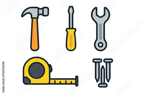 Essential repair and DIY tools including hammer screwdriver wrench tape measure and nails