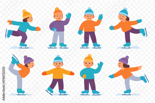 Diverse group of happy children ice skating in various poses wearing colorful winter hats