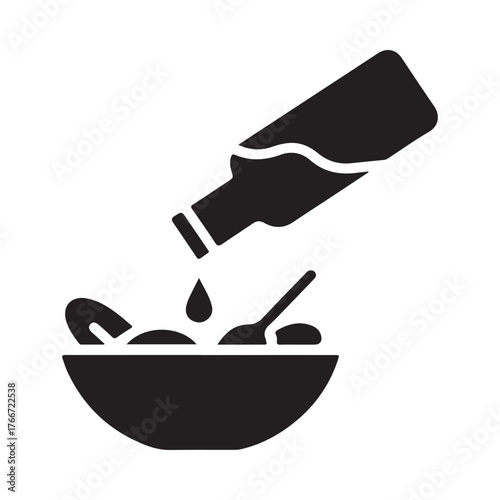 Pouring liquid from bottle into bowl with spoon icon