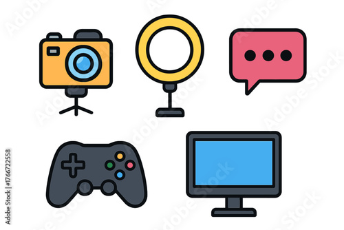 Set of digital content creation and streaming icons featuring camera, ring light, game controller, and monitor