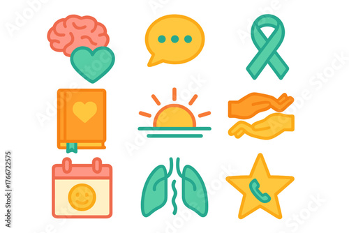Mental health, communication, and wellness icons set with brain, heart, and calendar symbols