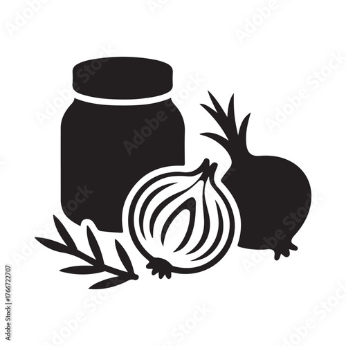 Jar of preserved onions with fresh onion and herbs icon