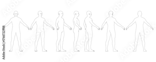 Realistic male character set contour drawing in multiple anatomical positions. Black outlines on white background clearly define the human body structure.