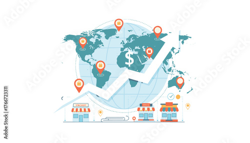Global franchise business store shop concept with investment growth arrow and map pins indicating worldwide expansion and financial success, symbolizing retail expansion and international commerce