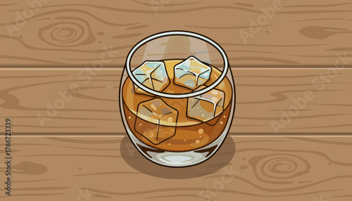 A close-up, top-down view of a clear glass tumbler filled with amber-colored whiskey and several clear ice cubes, set against a warm, rustic wooden table surface, creating a cozy and inviting