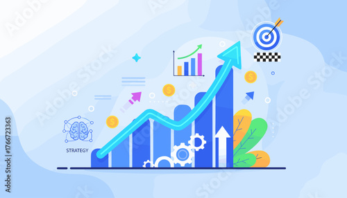 Abstract visual representation of business growth and strategy, featuring a rising blue arrow graph, target with dart, coins, gears, and brain icon symbolizing planning and success in a modern, clean