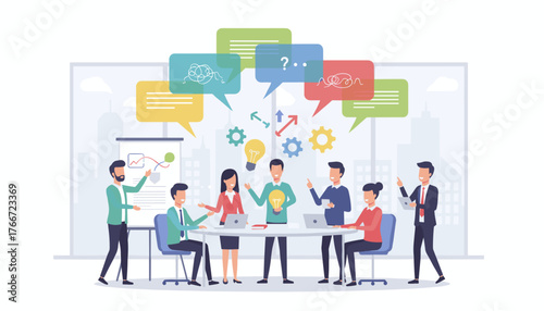 Diverse group of professionals collaborating around a table, brainstorming ideas with colorful speech bubbles, lightbulbs, and gears symbolizing innovation and teamwork in a modern office setting