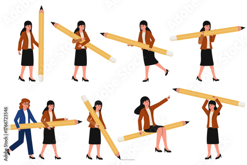 Creative professional showcases large colored pencils in a playful office environment