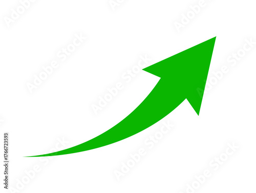 Vibrant green curved arrow pointing up and to the right, symbolizing positive financial growth, increasing business profits, success, rising stock market trends, improvement