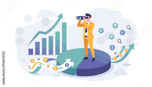 Visionary businessman in a yellow suit observing financial growth charts and graphs with binoculars, symbolizing market analysis, investment strategy, and future business opportunities, surrounded by
