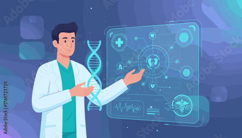 A male doctor in a white lab coat presents a glowing blue DNA helix structure alongside a futuristic holographic interface displaying medical icons, brain scans, and heartbeats, symbolizing