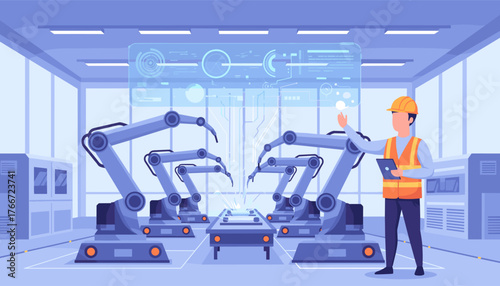 A factory manager or engineer interacts with a futuristic Industry 4.0 network interface, overseeing robotic arms assembling a product on a modern assembly line, symbolizing advanced manufacturing