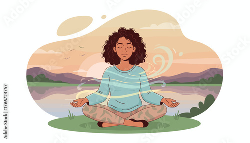 Serene mixed-race woman meditating outdoors by a tranquil lake at sunset, breathing in fresh air, surrounded by gentle wind swirls, symbolizing peace and mindfulness in nature.
