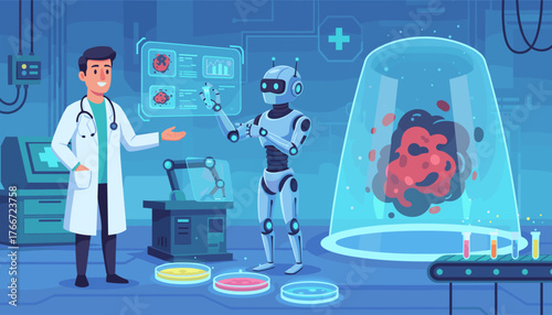 Advanced medical research laboratory scene featuring a scientist in a white coat collaborating with a futuristic robot, analyzing data on holographic displays and examining a biological sample in a