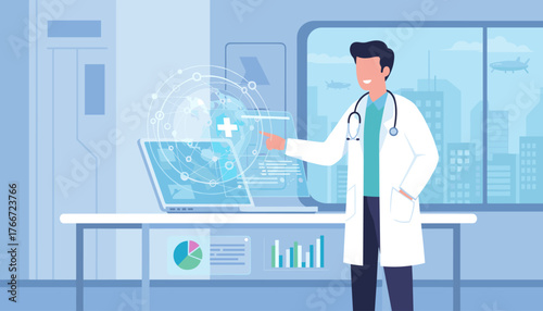 A smiling doctor in a white lab coat with a stethoscope around his neck interacts with a futuristic holographic medical interface displaying global health data, charts, and a cross symbol