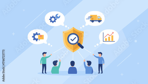 Diverse team collaborating on business strategy, analyzing data, and optimizing logistics, symbolized by a central shield of security and magnifying glass, representing a comprehensive approach to