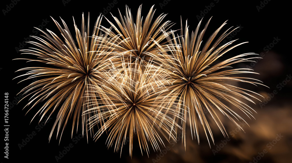 Obraz premium Stunning Golden Fireworks Bursting in Dark Night Sky, Close Up View Showcasing Vibrant Colors and Captivating Patterns for Celebratory Occasions