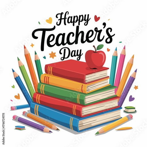 A cheerful image featuring a stack of books, colorful pencils, and a red apple, all arranged to celebrate happy teachers day isolated on white background