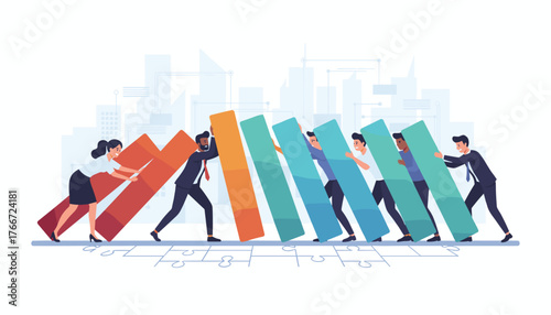 Diverse team of business professionals collaborating to push large colorful blocks, symbolizing problem-solving and collective effort, preventing a domino effect in a cityscape background.