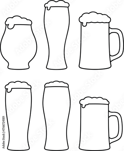 Outline drawings of six different beer glasses and mugs with foamy tops