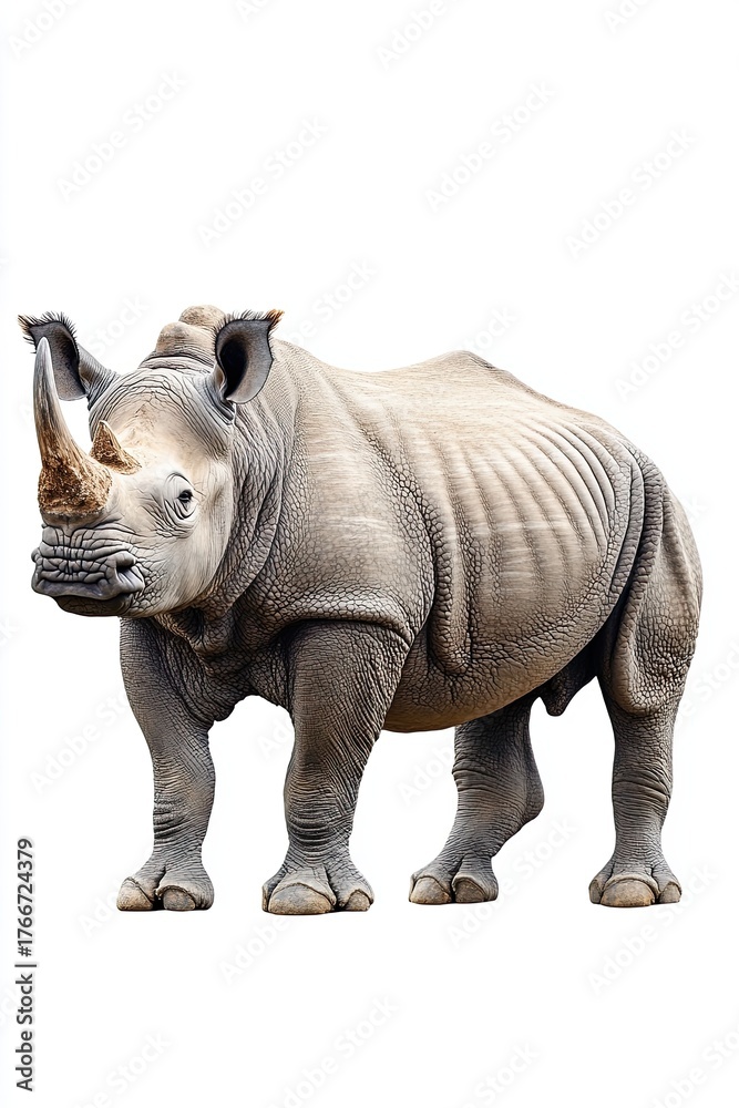 Fototapeta premium Rhinoceros standing side view isolated on white background.