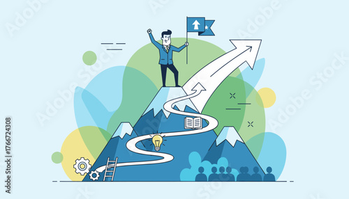 Vibrant vector illustration depicting a determined businessman reaching the summit of a mountain, holding a flag with an upward arrow, symbolizing success, achievement, and goal attainment, with a