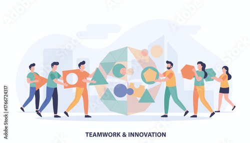Diverse team of people collaborating to build a complex geometric structure, symbolizing teamwork, innovation, and problem-solving in a modern, abstract cityscape setting, flat design illustration.