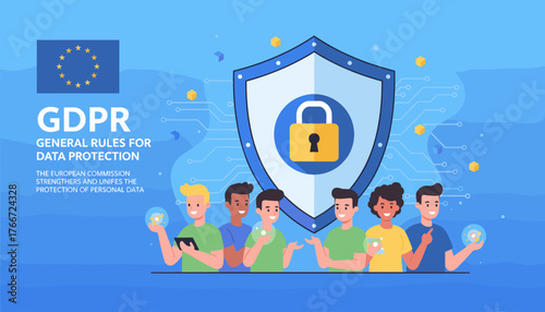 GDPR concept illustration with diverse people and EU flag, symbolizing General Rules for Data Protection and personal data security with a shield and padlock icon, representing European Commission's