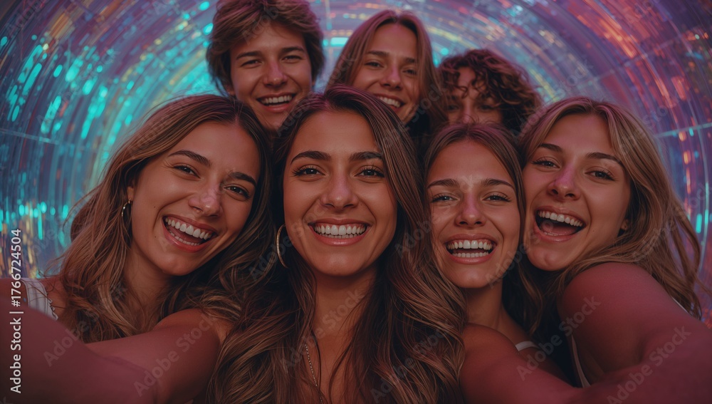 Obraz premium Smiling friends in summer tops taking selfie inside light tunnel, with smartphone extending forward