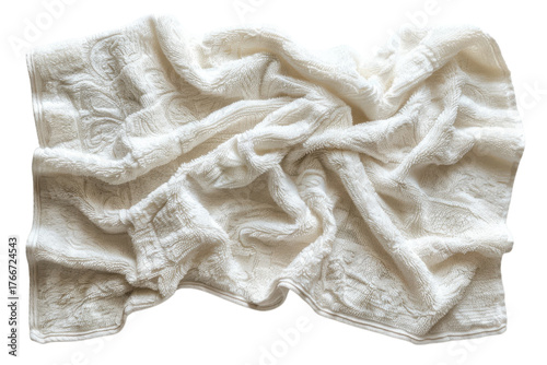 Crumpled white cotton bath towel fabric texture with folds isolated on Transparent Background