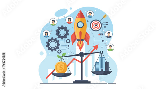 Vibrant flat illustration depicting a business startup concept with a rocket launching towards a target, gears symbolizing teamwork, and a balance scale weighing a dollar coin against city buildings