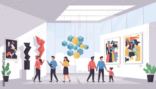 Diverse group of people enjoying a modern art gallery exhibition, observing abstract paintings and sculptures, with a hanging installation of geometric cubes, showcasing cultural leisure and