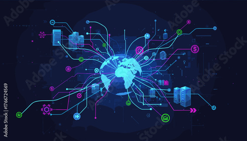 Abstract global business network technology connection concept with glowing lines connecting digital buildings, financial symbols, and gears around a vibrant earth on a dark blue background