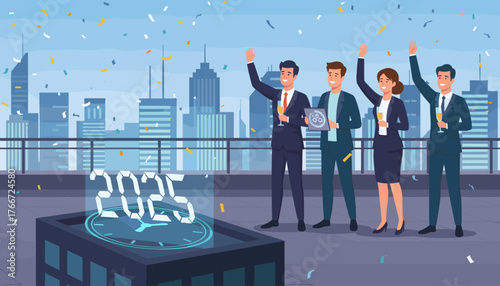 A diverse group of business professionals in suits celebrate the New Year on a rooftop overlooking a cityscape, holding champagne and a tablet, with confetti falling and a digital clock displaying