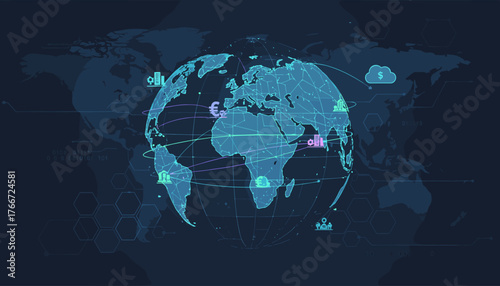 Abstract global business network technology connection concept with digital earth, financial icons, cloud computing, and binary code, representing international trade, communication, and digital