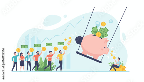 Conceptual vector illustration depicting financial growth and savings, with diverse groups of people contributing coins and banknotes towards a piggy bank, symbolizing investment and wealth