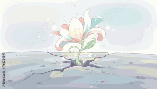 A delicate, pastel-toned white flower emerges triumphantly from a cracked, barren ground, symbolizing resilience, hope, and new beginnings against adversity, with sparkling light effects enhancing