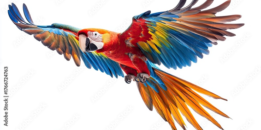 Obraz premium Scarlet macaw parrot flying isolated on white background